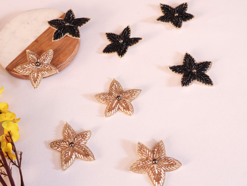 Rose Gold & Black Beaded Star Applique Patches - 10 Pc (5 cm)