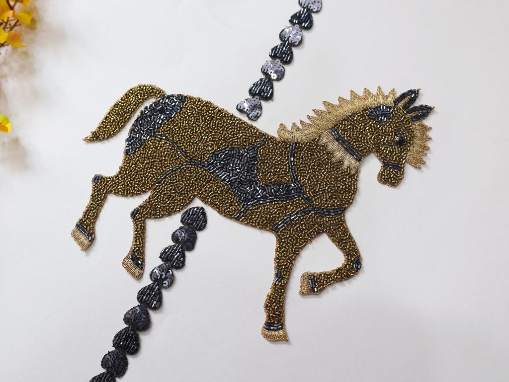 Beaded Sequin Horse Applique Patch: Indian Embroidered Artwork