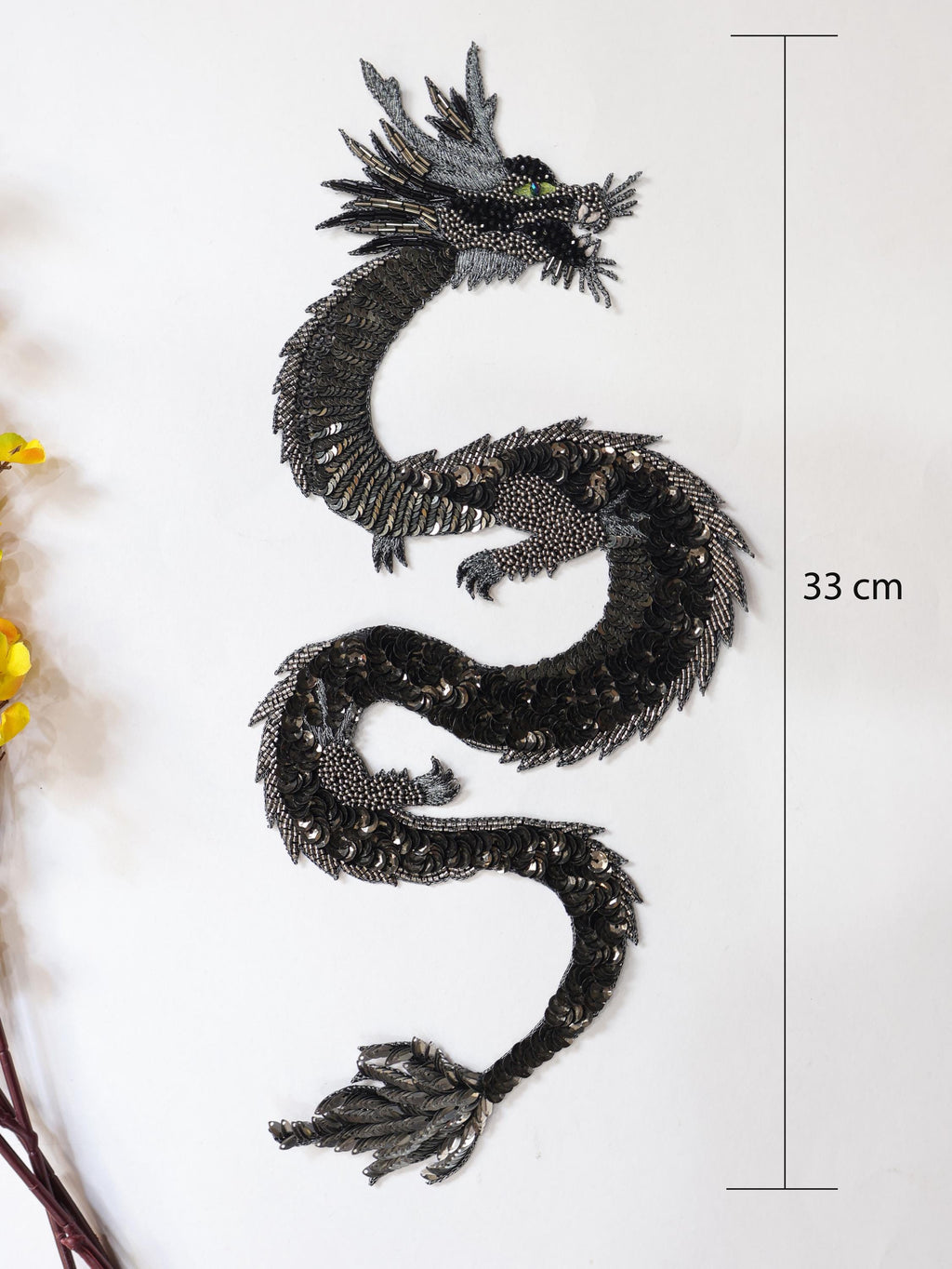 Embroidered Dragon Patch: Handmade Indian Applique, Golden Silver Detail