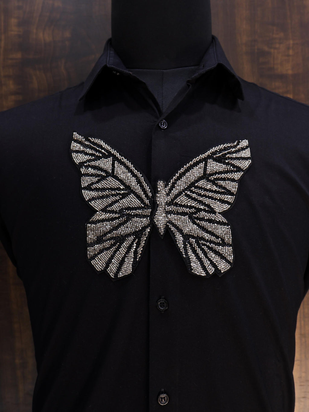 Embroidered Butterfly Patch: Metallic Black Silver Applique, Handmade Indian Design