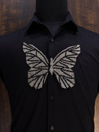 Embroidered Butterfly Patch: Metallic Black Silver Applique, Handmade Indian Design