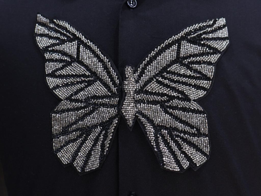 Embroidered Butterfly Patch: Metallic Black Silver Applique, Handmade Indian Design
