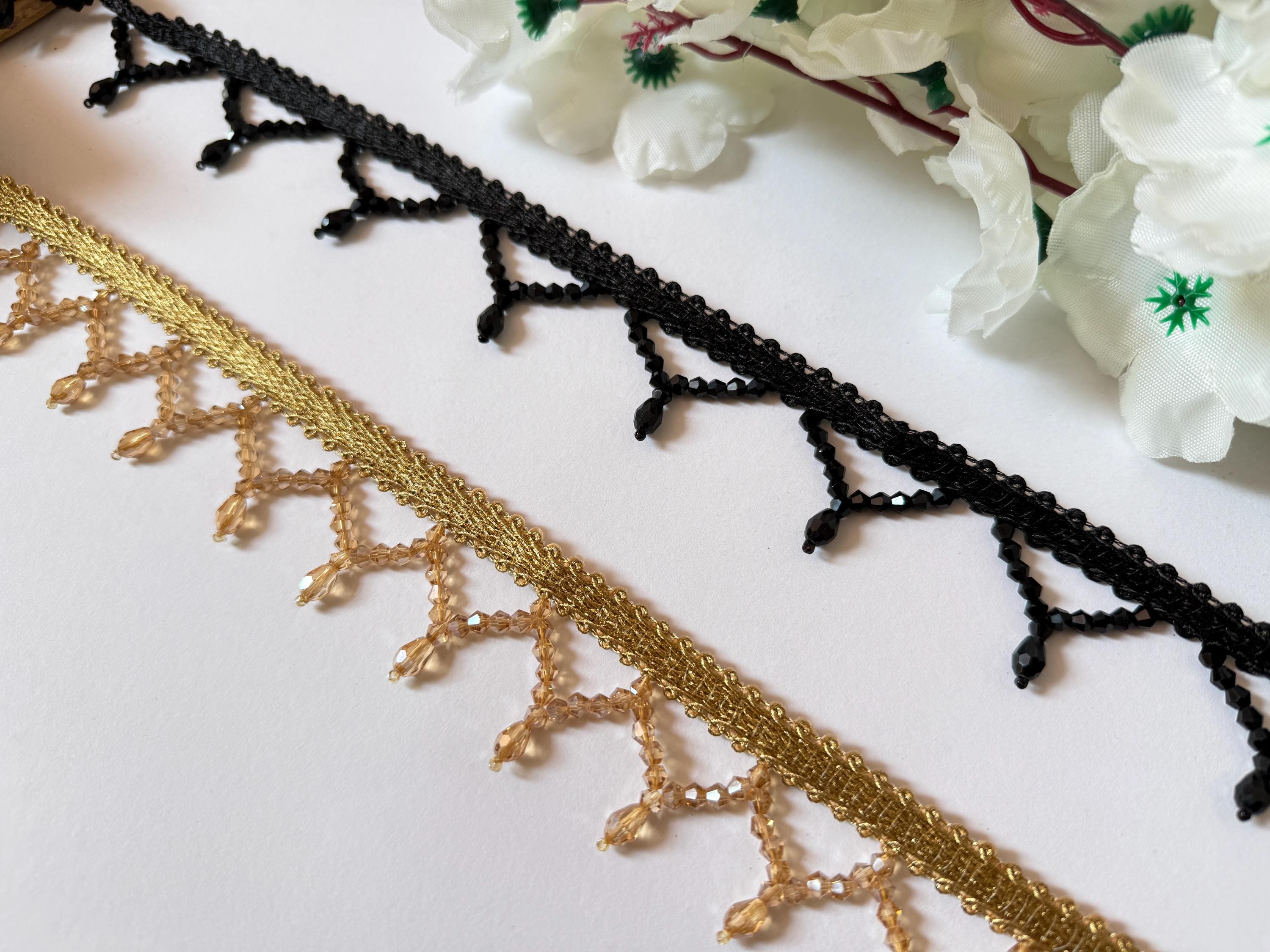 Golden & Black Crystal Beaded Trim: Lehenga Lace, Indian Dress (3.5 cm)