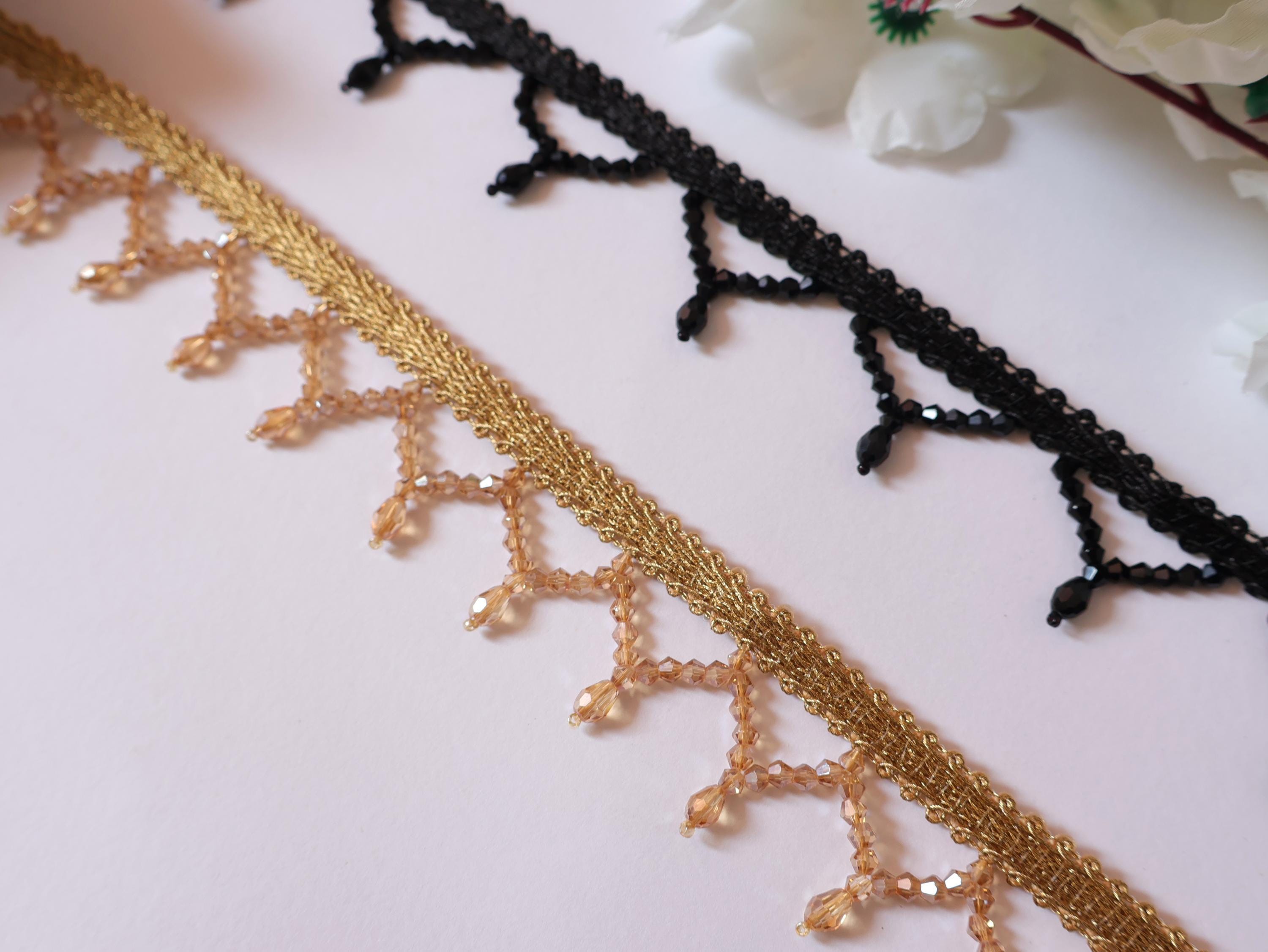 Golden & Black Crystal Beaded Trim: Lehenga Lace, Indian Dress (3.5 cm)