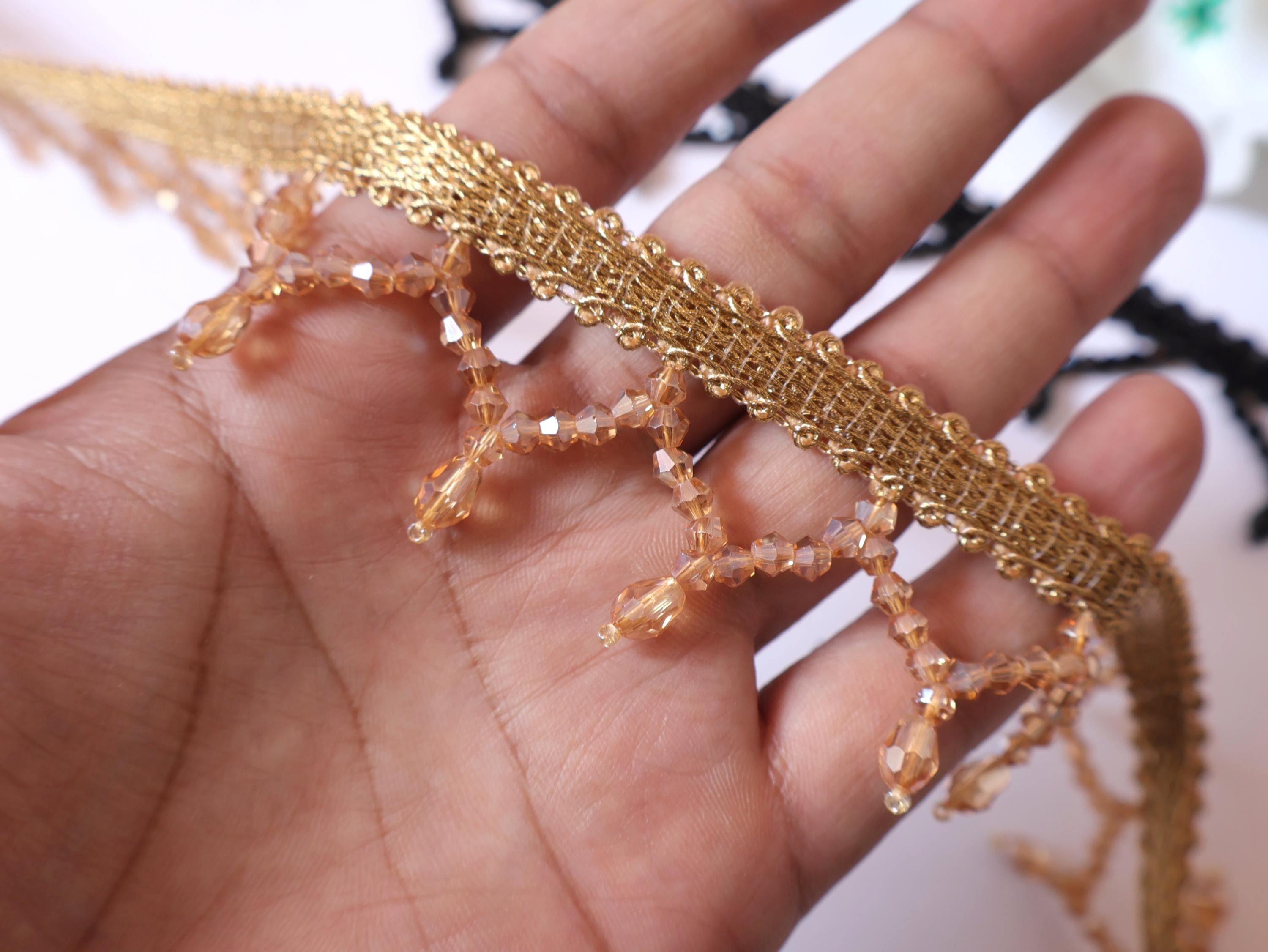 Golden & Black Crystal Beaded Trim: Lehenga Lace, Indian Dress (3.5 cm)