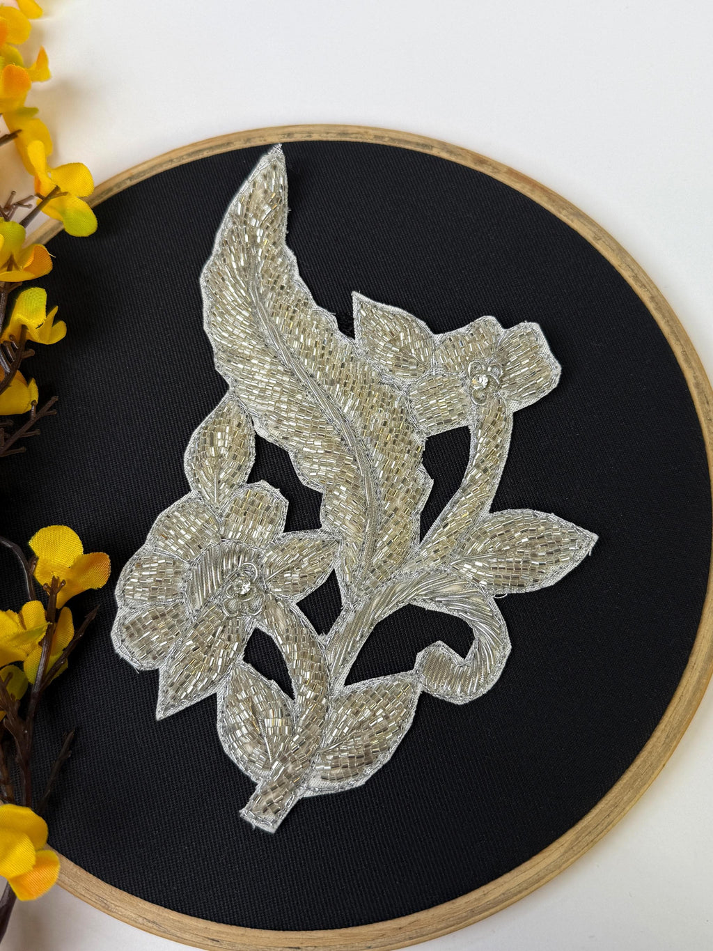 Beaded Floral Applique Patch: Gold & Silver Embroidered Indian Design