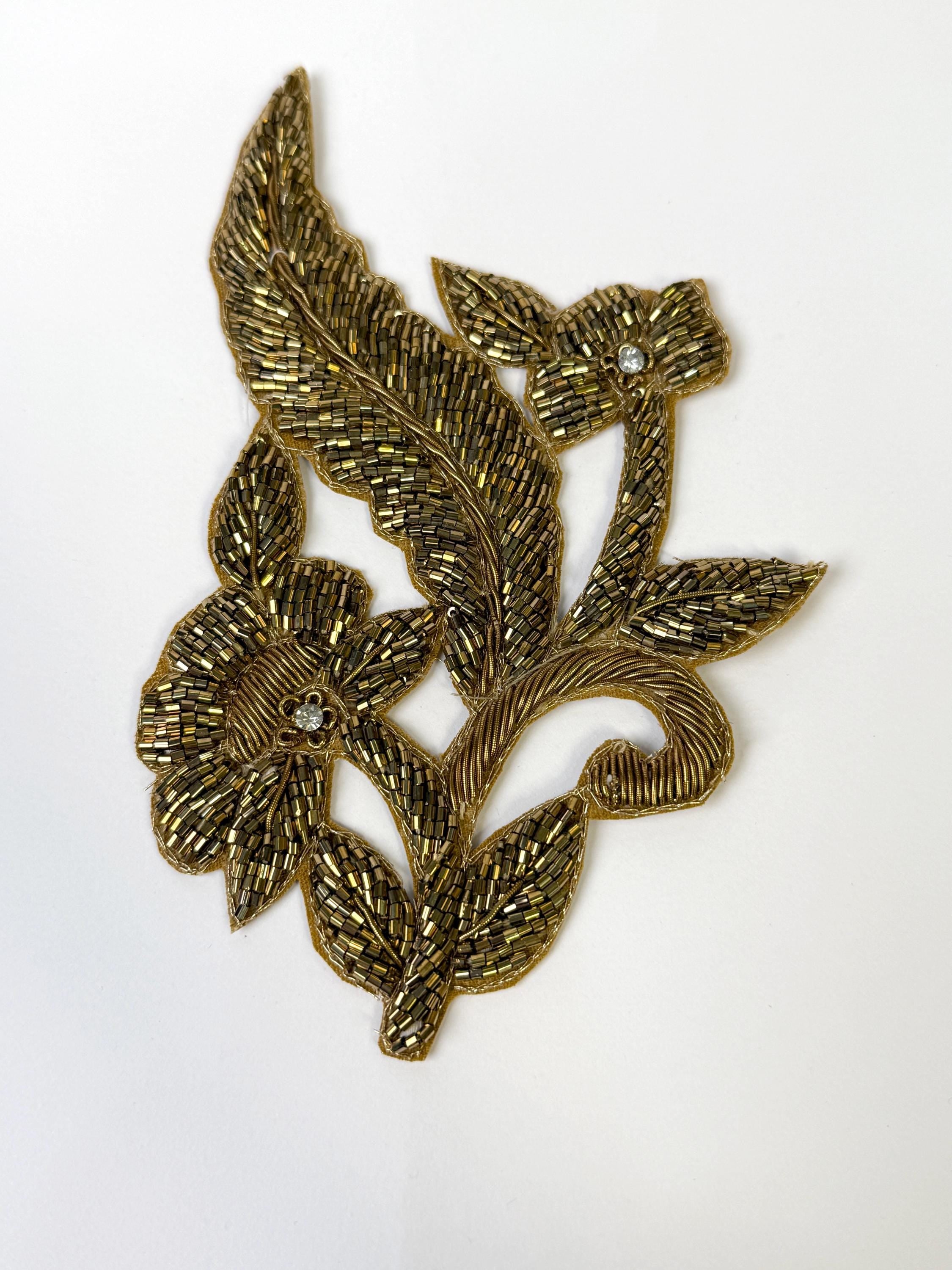 Beaded Floral Applique Patch: Gold & Silver Embroidered Indian Design