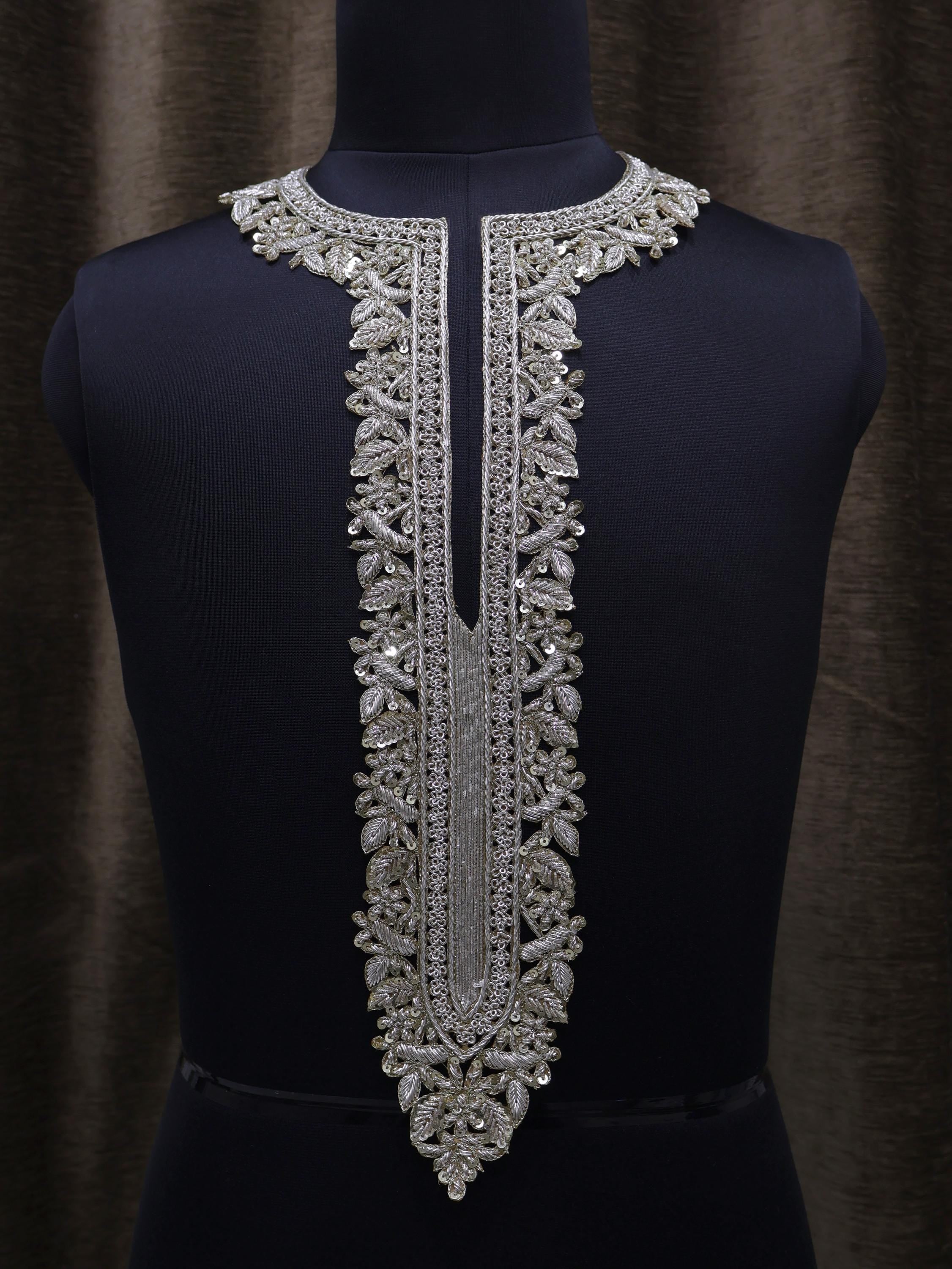 Handmade Zardozi Embroidery Neckline Patch with Sleeves: White & Gold Floral Applique