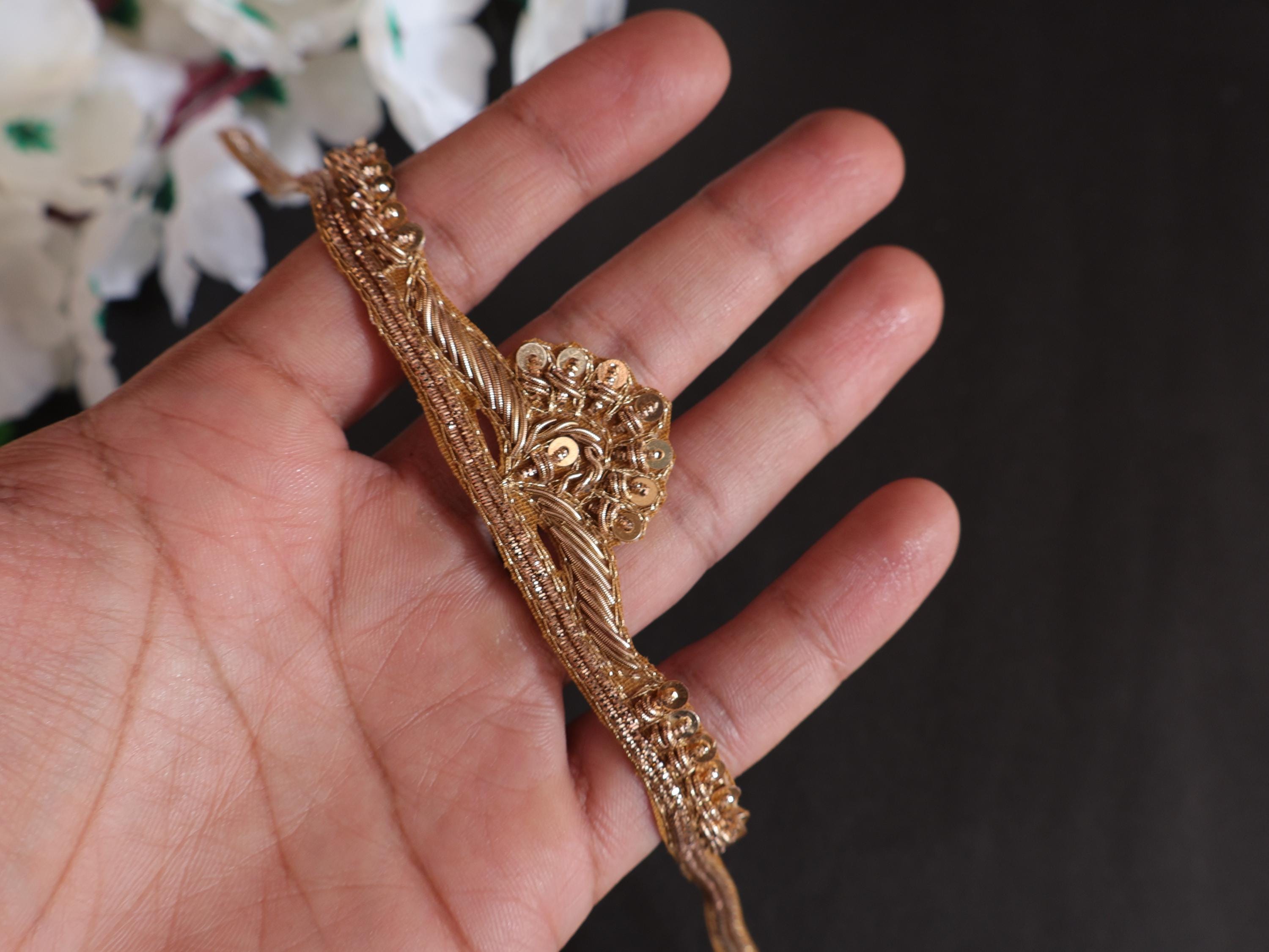 Handcrafted Zardozi V-Neckline Patch: Antique Gold Floral Embroidery with Sleeves