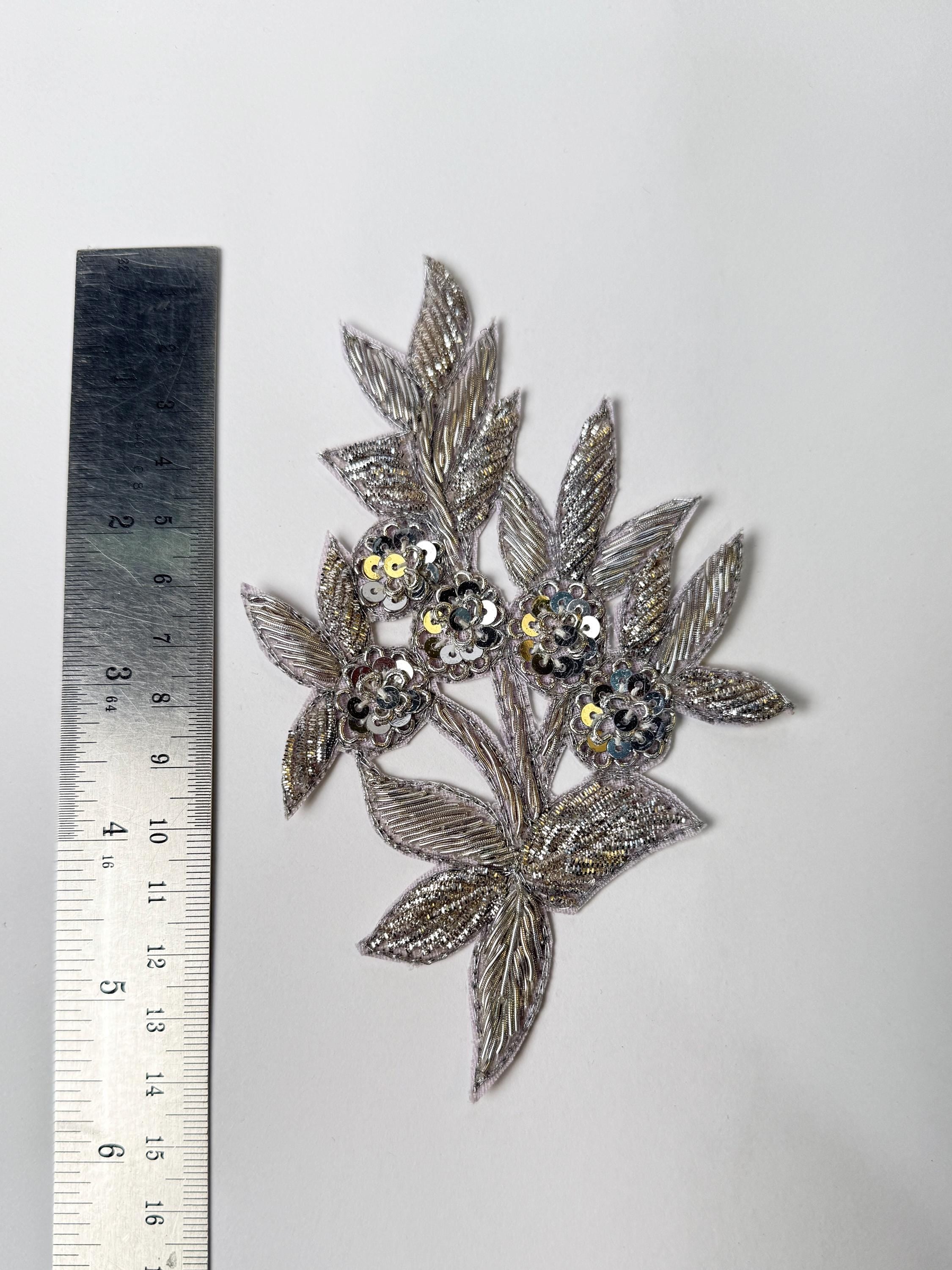 Silver Zardozi Applique Patches: Indian Embroidered Sequin Floral Embellishments (Set of 3)