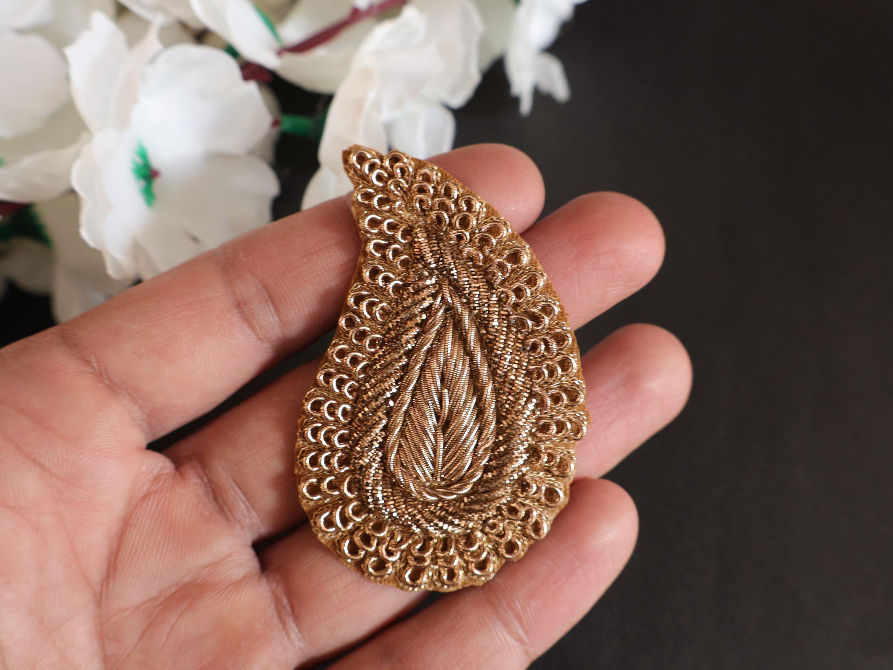 Antique Gold Zardozi Leaf Applique Patches: Indian Embroidered Sequins (Set of 5)