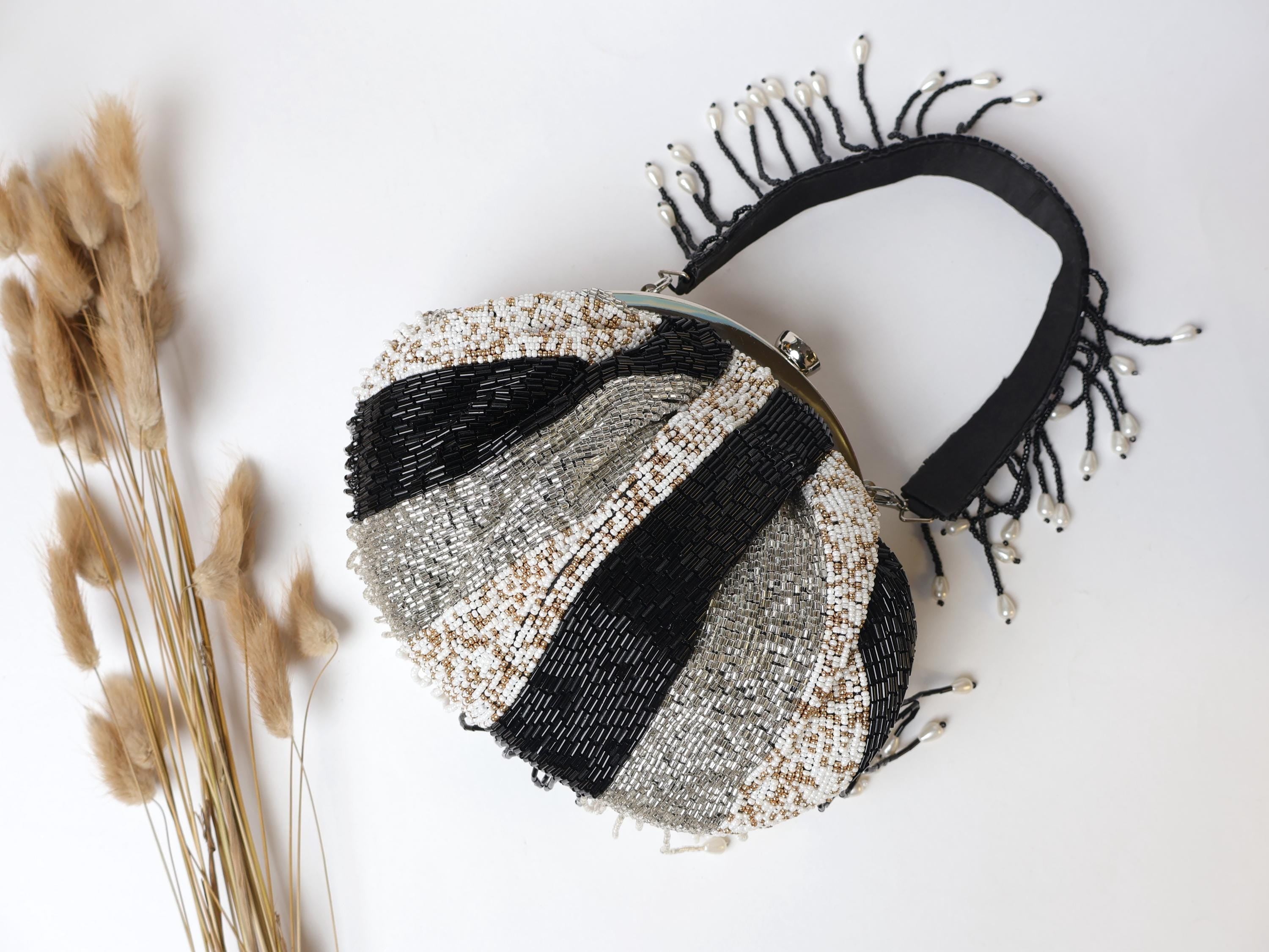 Beadwork Tassels Clutch: Silver & Black Bridal Handbag