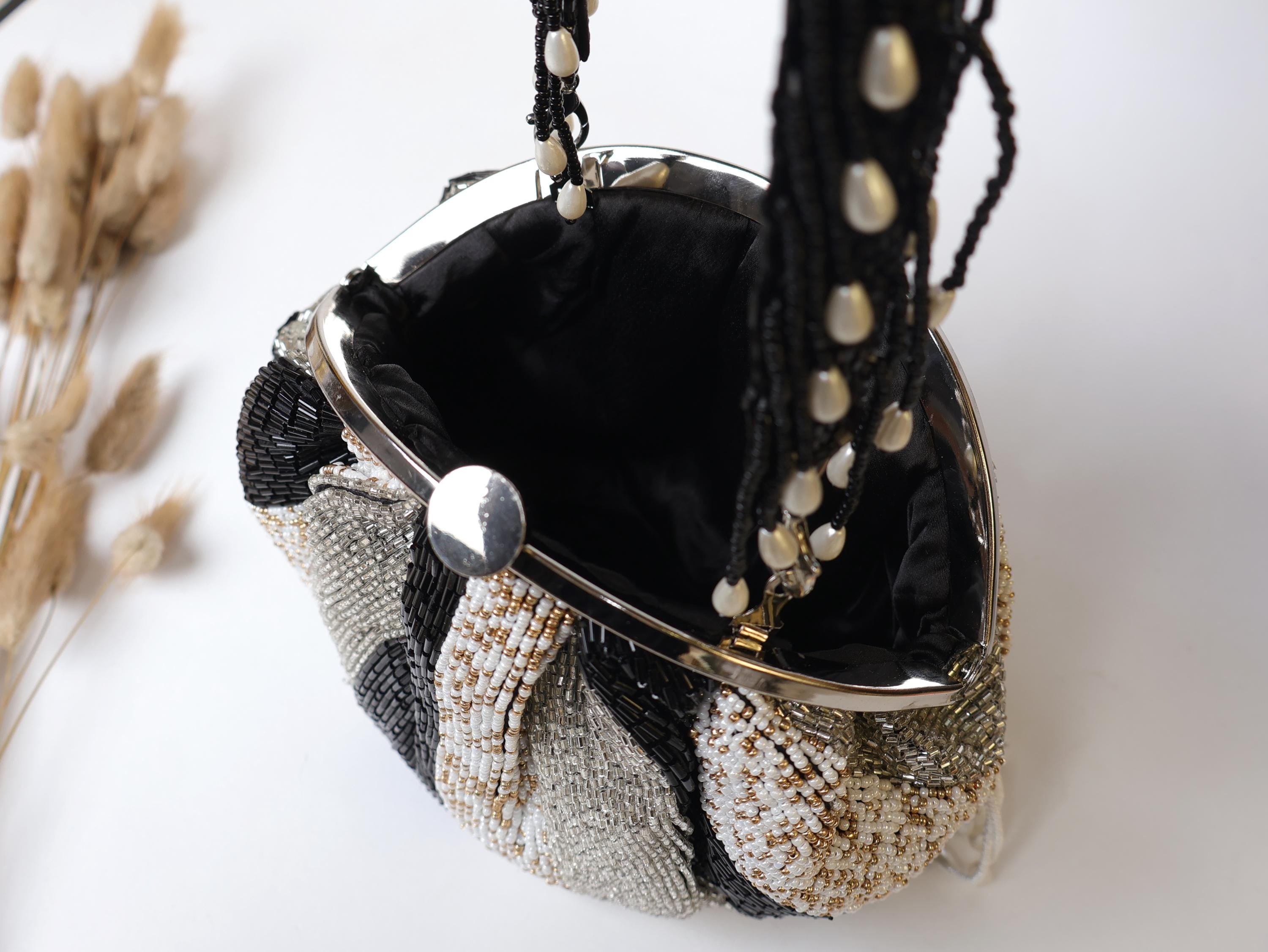 Beadwork Tassels Clutch: Silver & Black Bridal Handbag
