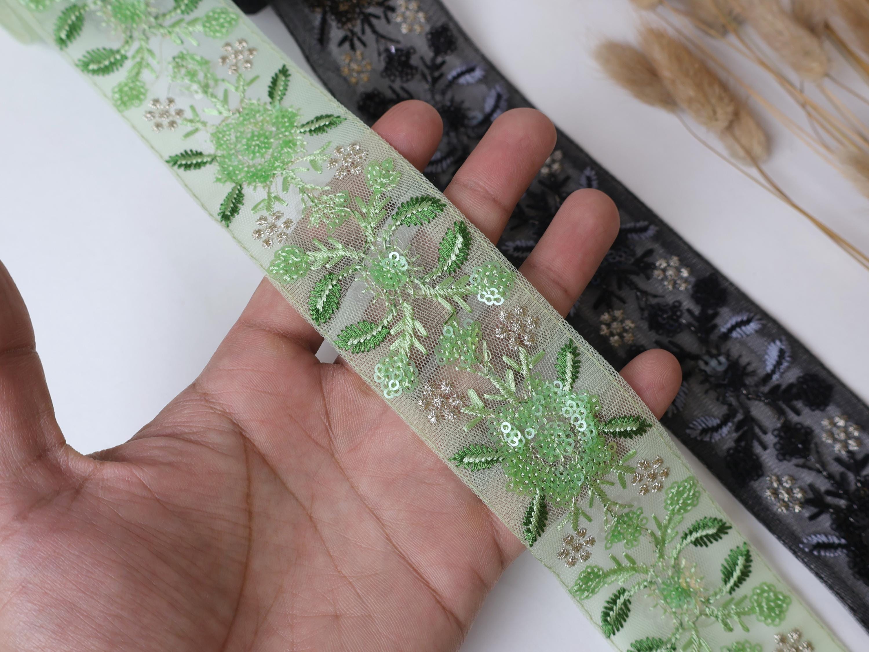 Embroidered Sequin Trim Lace: Light Green & Black Indian Border (9 Yards)