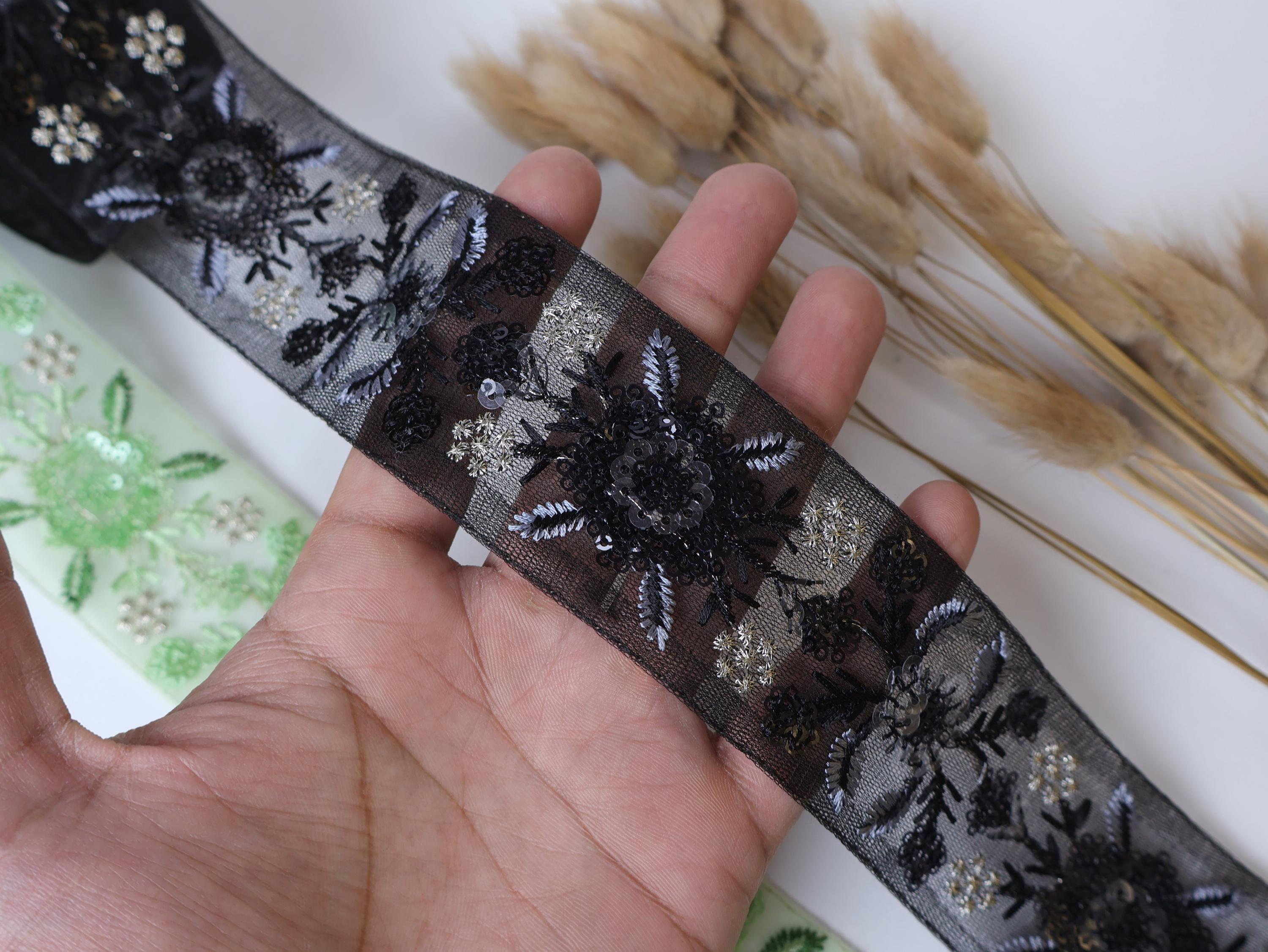 Embroidered Sequin Trim Lace: Light Green & Black Indian Border (9 Yards)