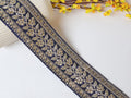 Navy Blue Floral Embroidered Lace Trim: Golden Zari Border, 9 Yards