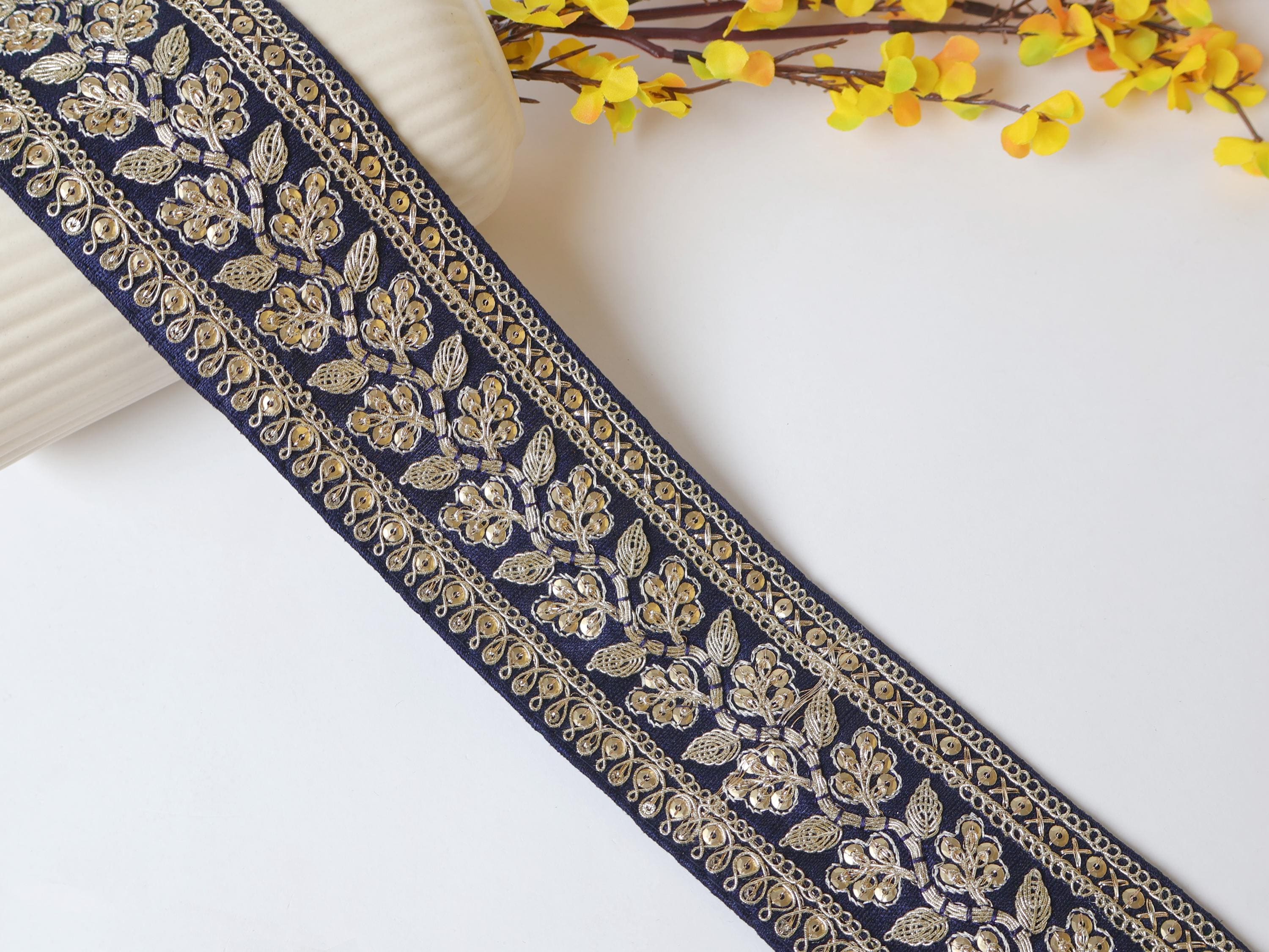 Navy Blue Floral Embroidered Lace Trim: Golden Zari Border, 9 Yards