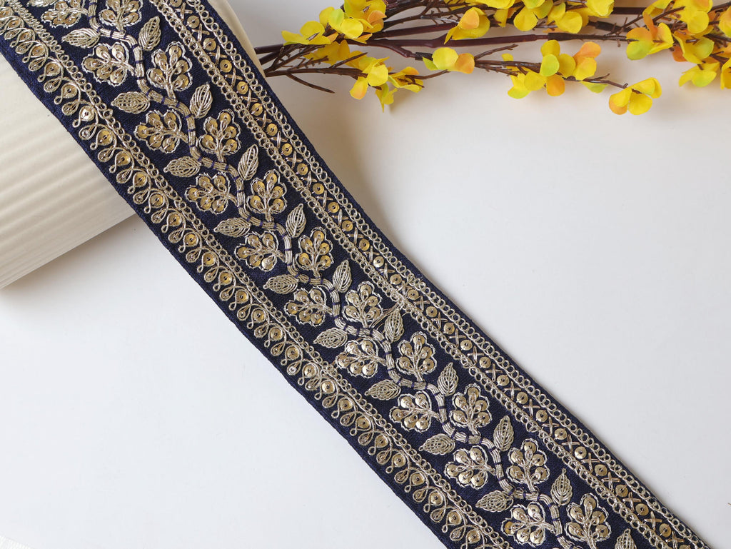 Navy Blue Floral Embroidered Lace Trim: Golden Zari Border, 9 Yards