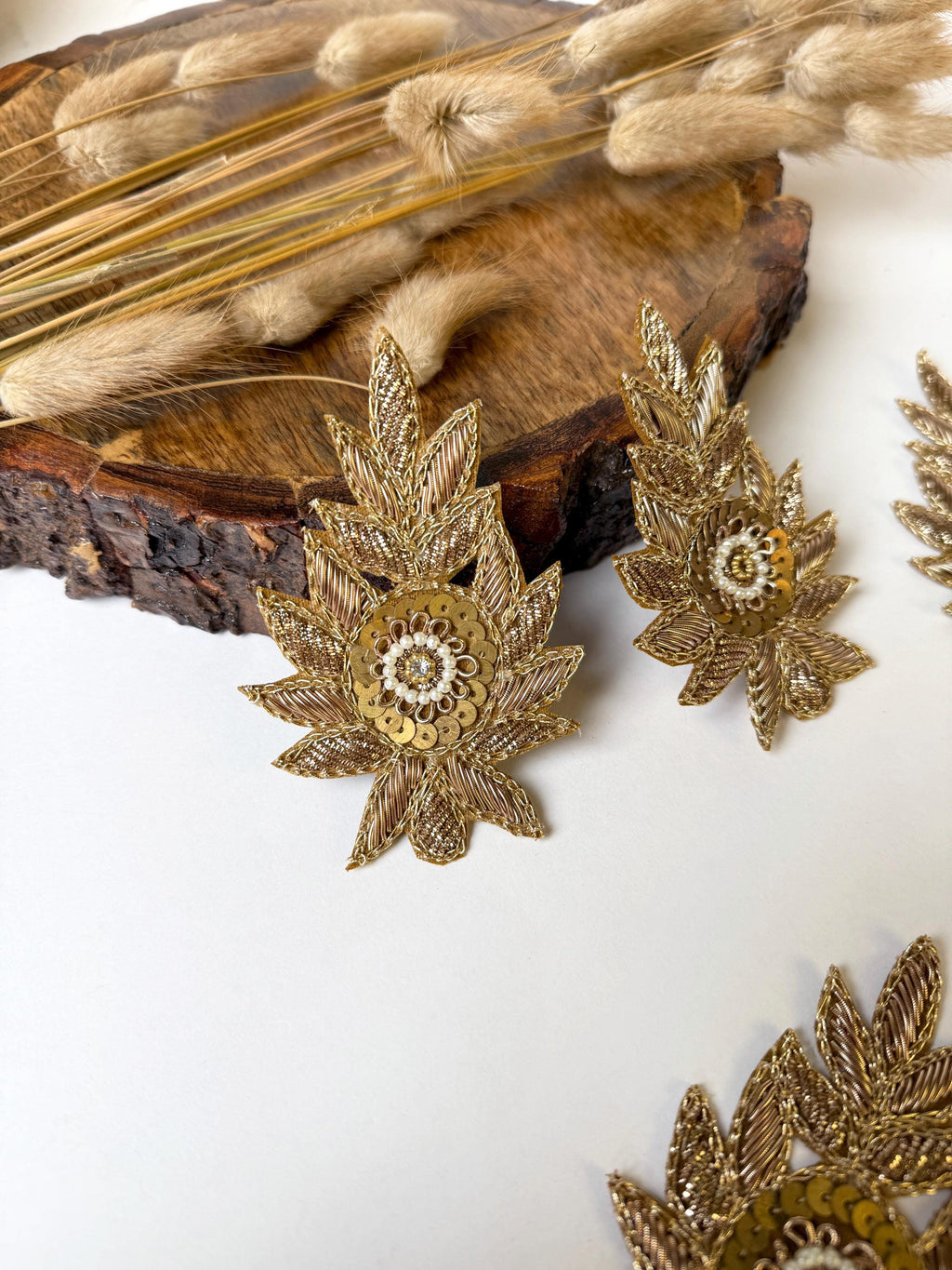 Set of 5 Antique Gold Zardozi Applique Patches: Indian Embroidered Sequins