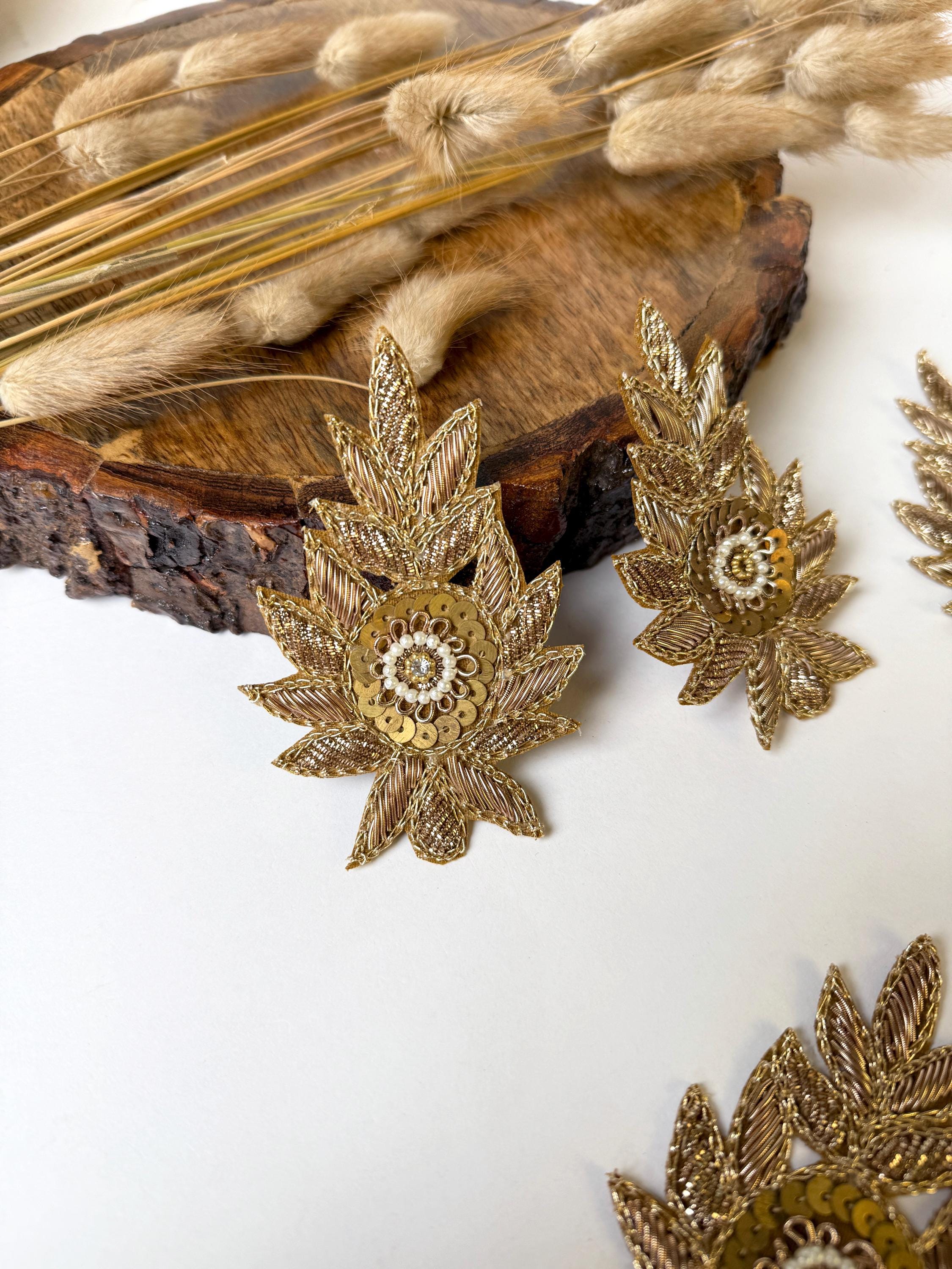 Set of 5 Antique Gold Zardozi Applique Patches: Indian Embroidered Sequins