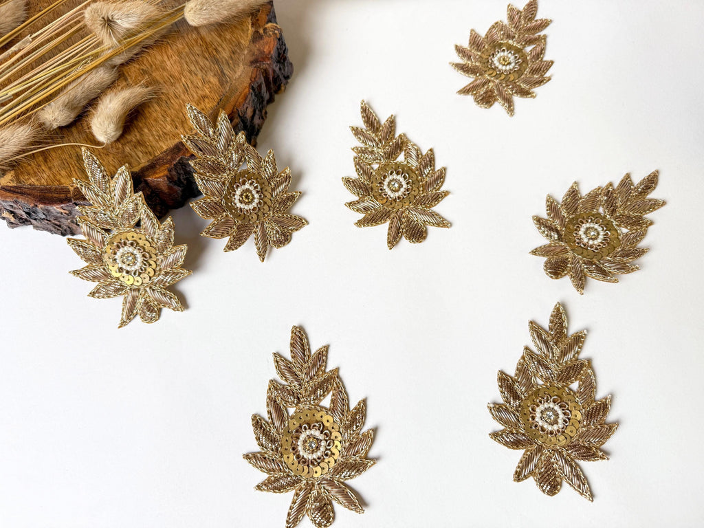Set of 5 Antique Gold Zardozi Applique Patches: Indian Embroidered Sequins