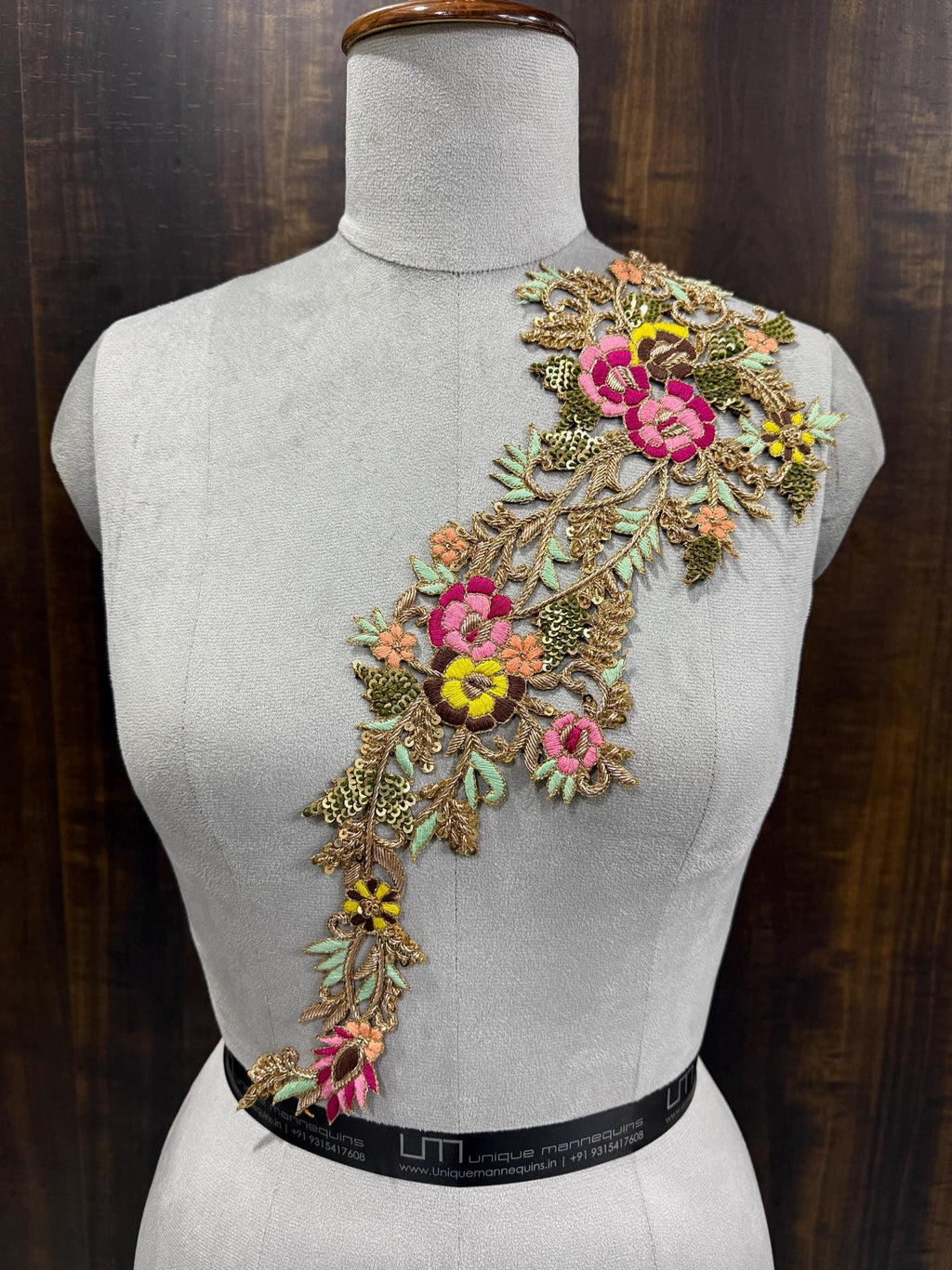 Floral Embroidered Applique Patch: Golden Zardozi Indian Artwork