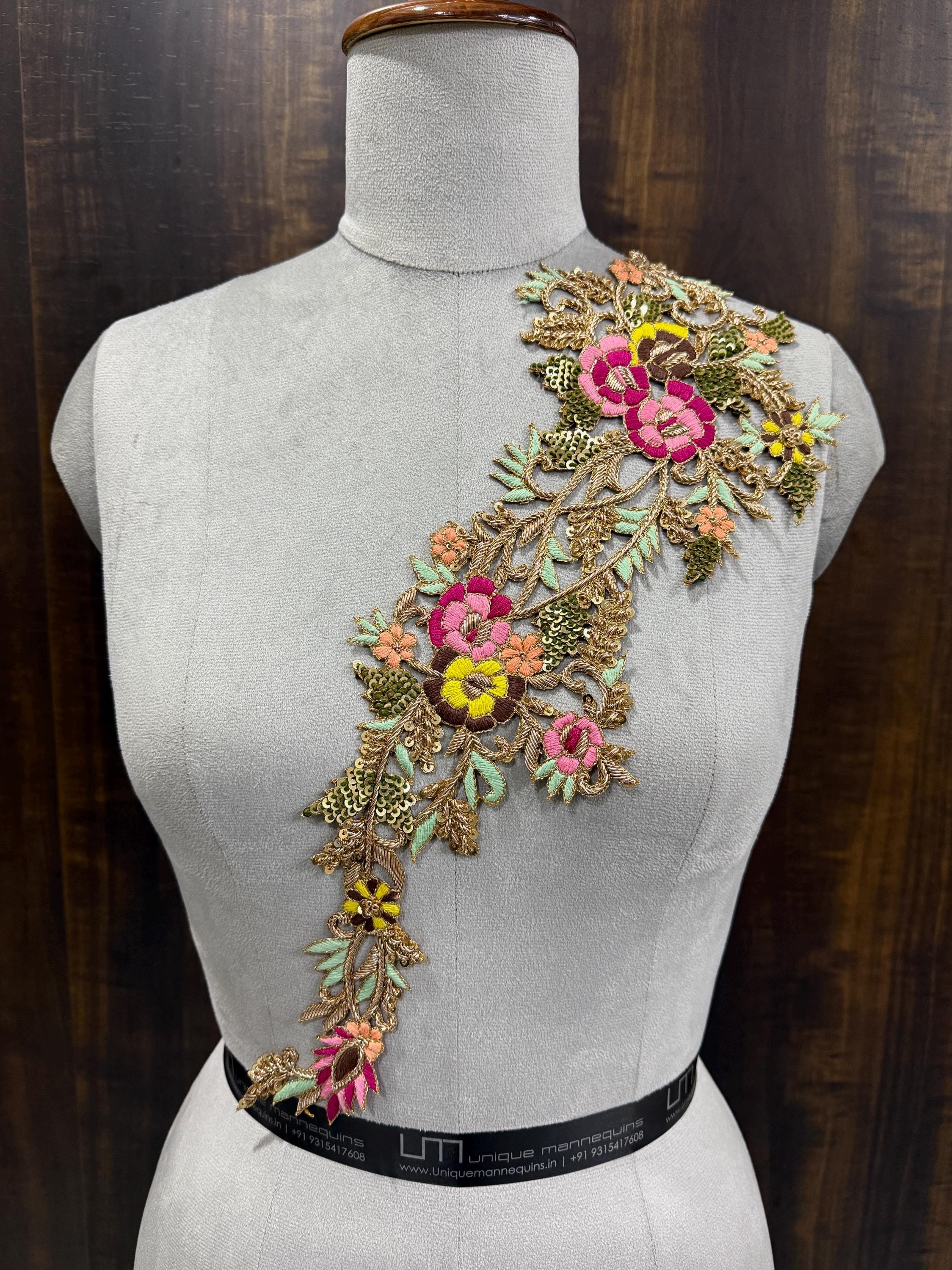 Floral Embroidered Applique Patch: Golden Zardozi Indian Artwork