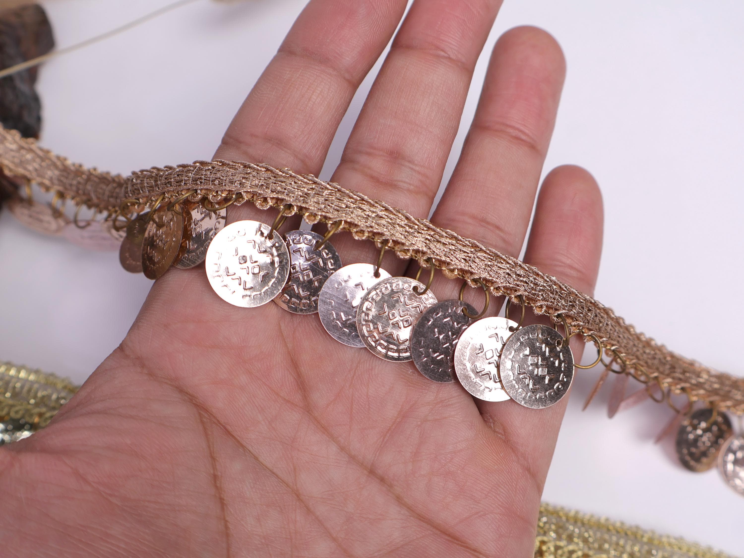 Golden Coin Beaded Trim: 9-Yard Wedding Sash Lace