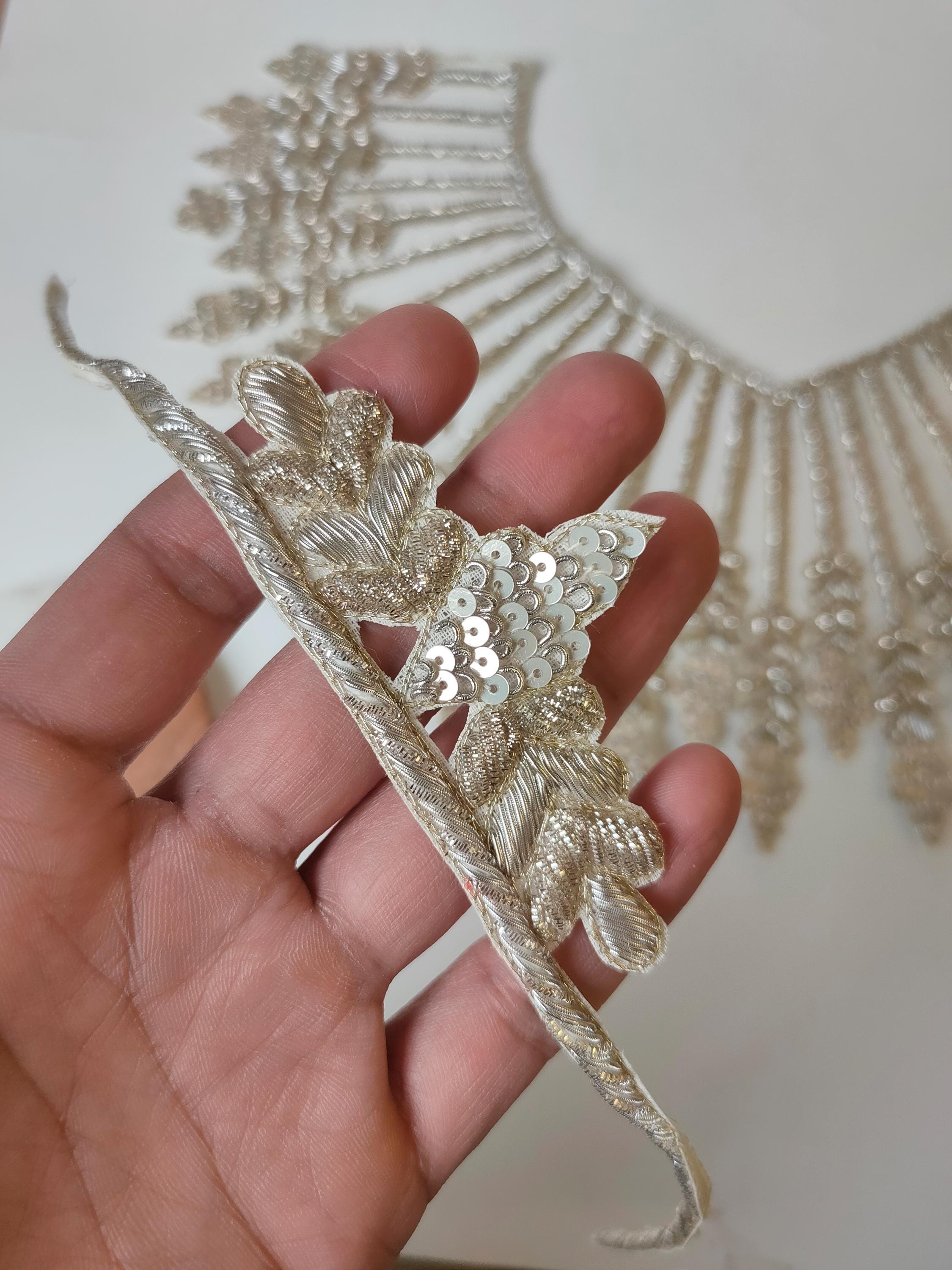 Hand Embroidered Zardozi Applique: Victorian Dress Neckline Patch with Sleeves