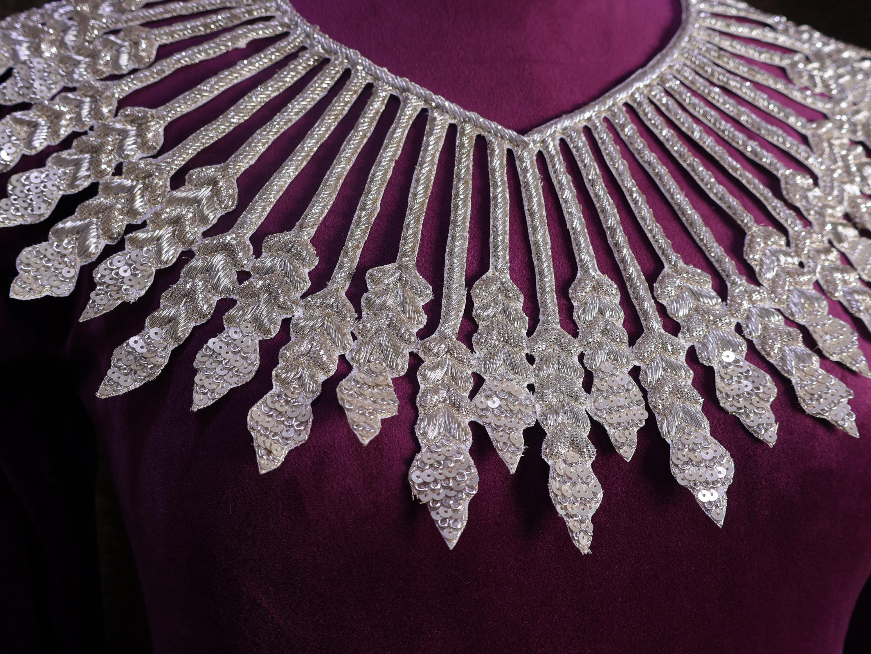 Hand Embroidered Zardozi Applique: Victorian Dress Neckline Patch with Sleeves