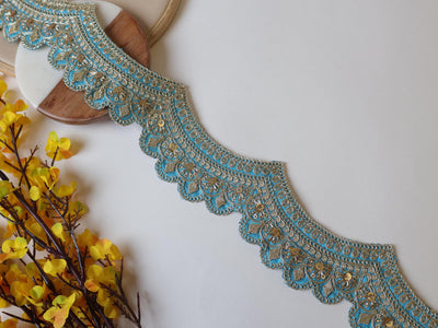 Sky Blue & Forest Green Zari Sequin Lace: Scalloped Sari Border Trim