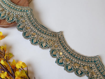 Sky Blue & Forest Green Zari Sequin Lace: Scalloped Sari Border Trim