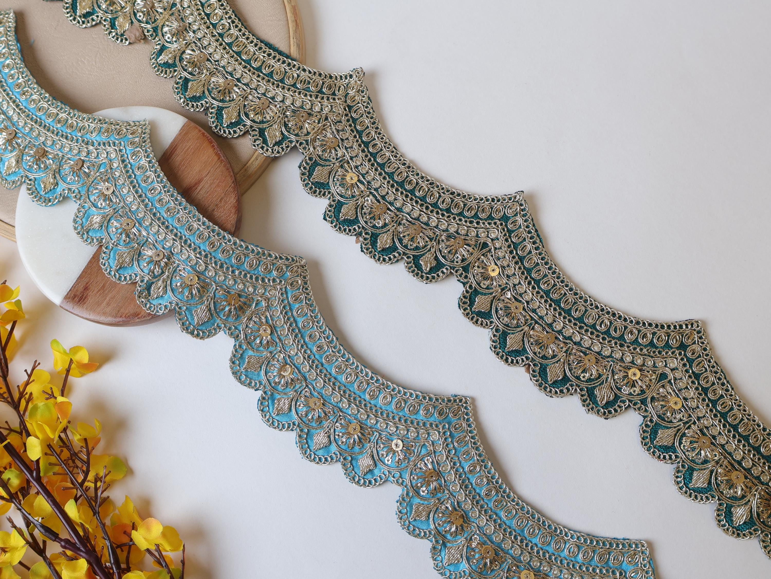 Sky Blue & Forest Green Zari Sequin Lace: Scalloped Sari Border Trim