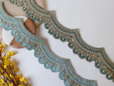 Sky Blue & Forest Green Zari Sequin Lace: Scalloped Sari Border Trim