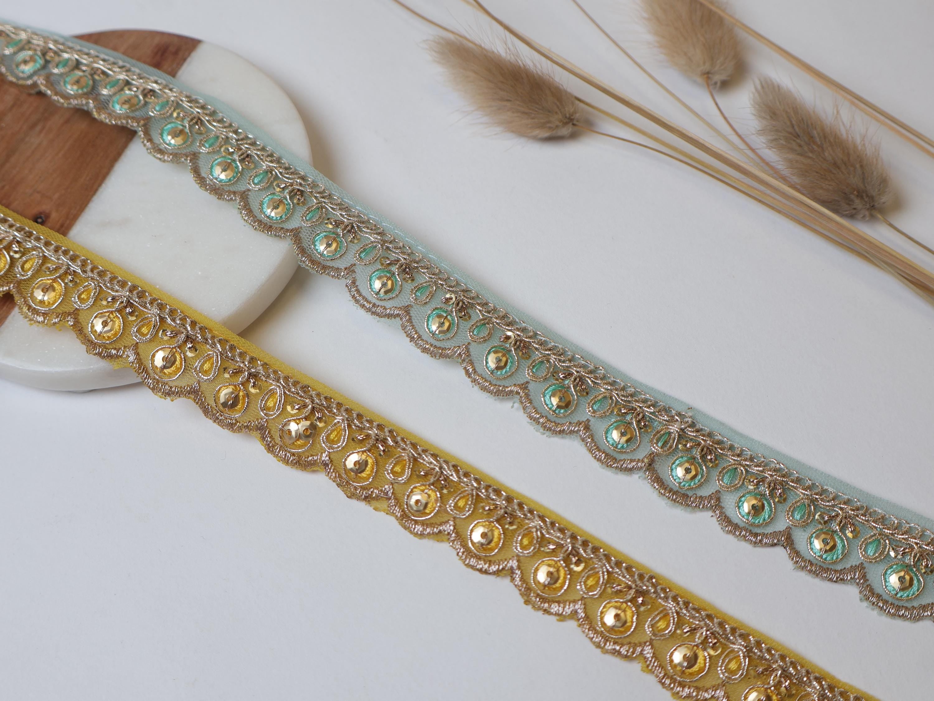 Yellow & Aqua Blue Threadwork Scalloped Lace Trim - 9 Yards