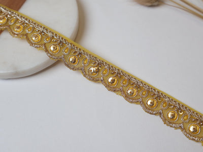 Yellow & Aqua Blue Threadwork Scalloped Lace Trim - 9 Yards