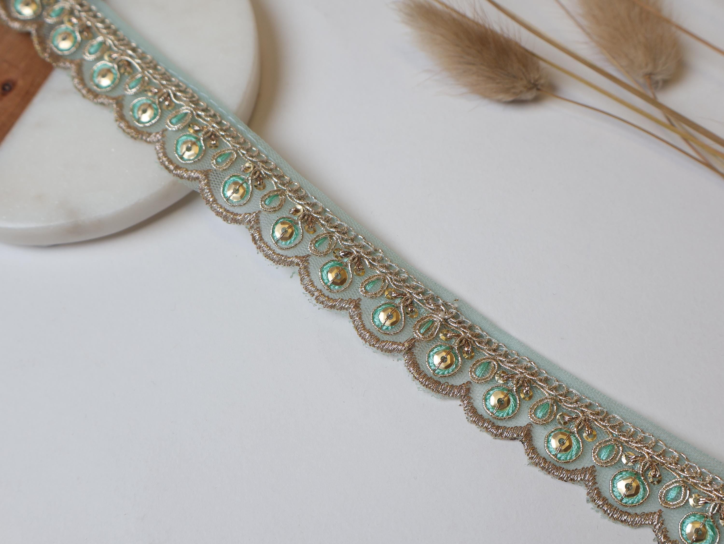 Yellow & Aqua Blue Threadwork Scalloped Lace Trim - 9 Yards