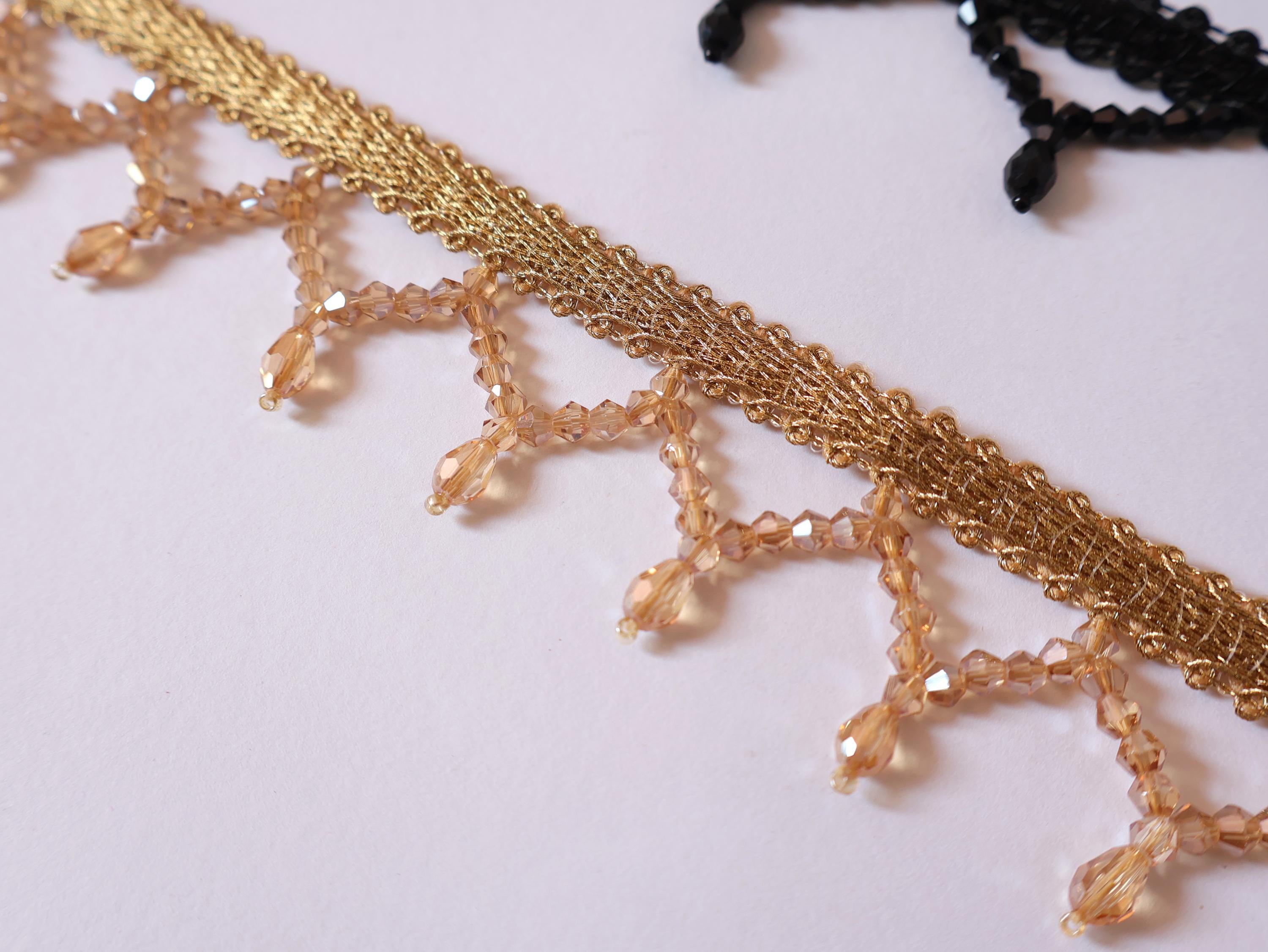 Golden & Black Crystal Beaded Trim: Lehenga Lace, Indian Dress (3.5 cm)