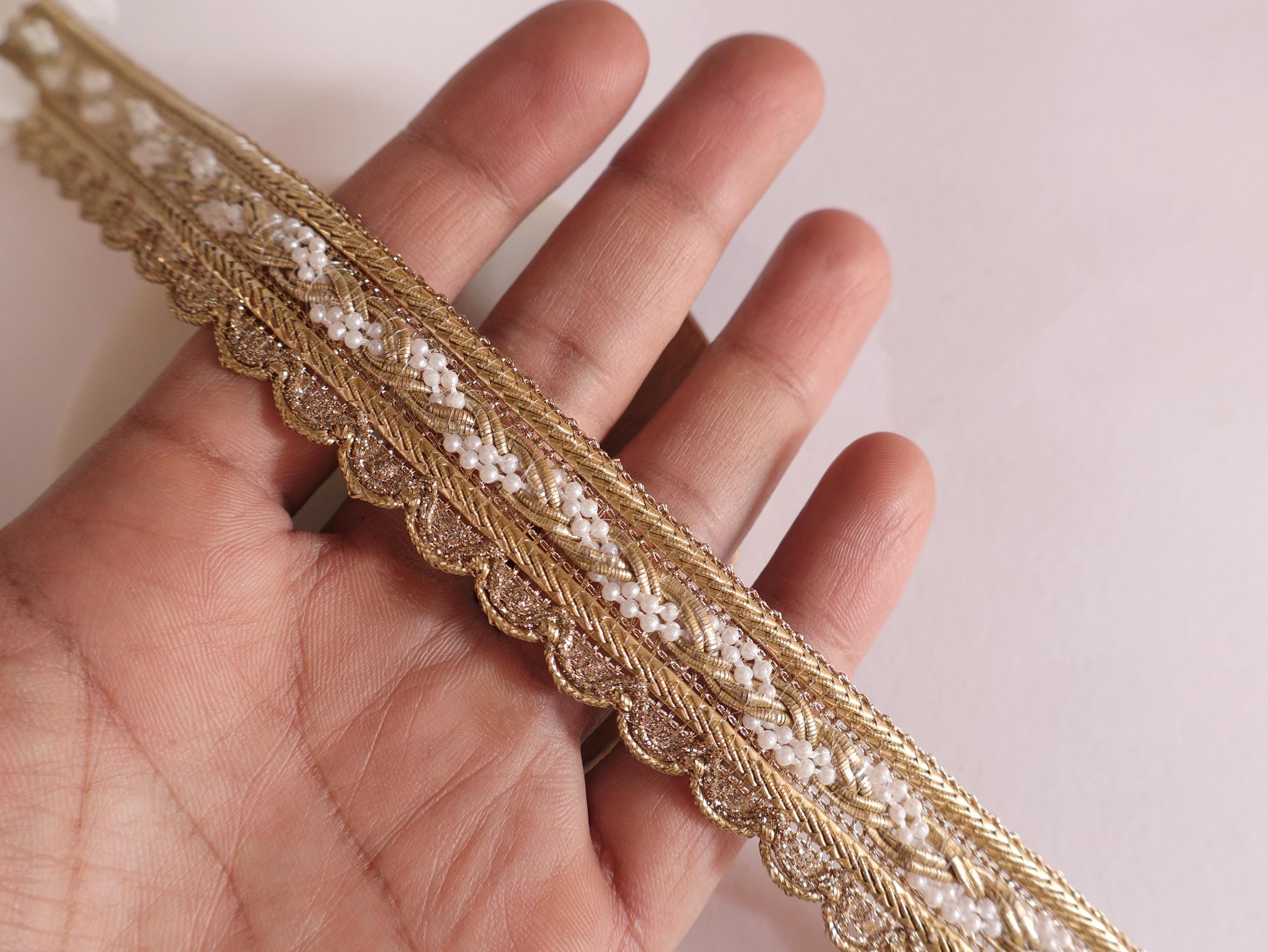 Golden Scalloped Zari Lace Trim with White Pearls - 9 Yards