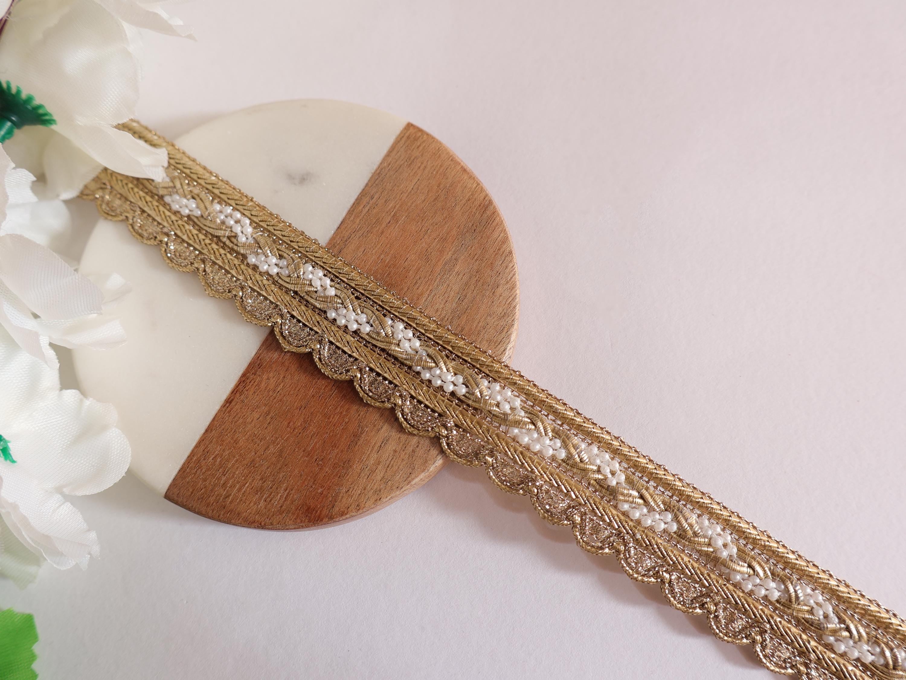 Golden Scalloped Zari Lace Trim with White Pearls - 9 Yards