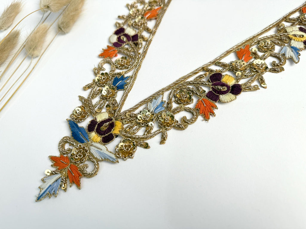 Sequin Embroidered Neckline Patch: V-Shaped Indian Applique with Sleeves