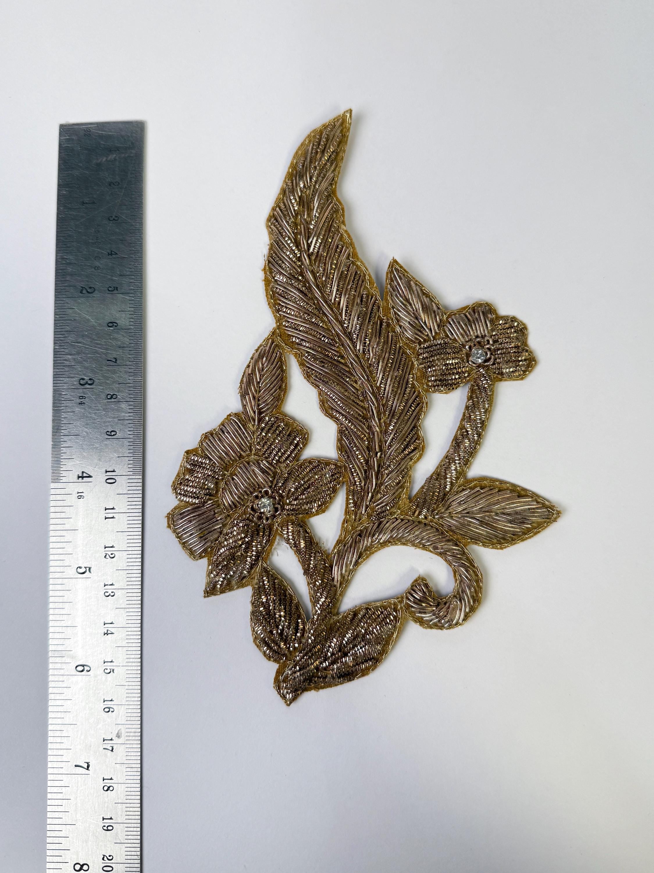 Beaded Floral Applique Patch: Gold & Silver Embroidered Indian Design