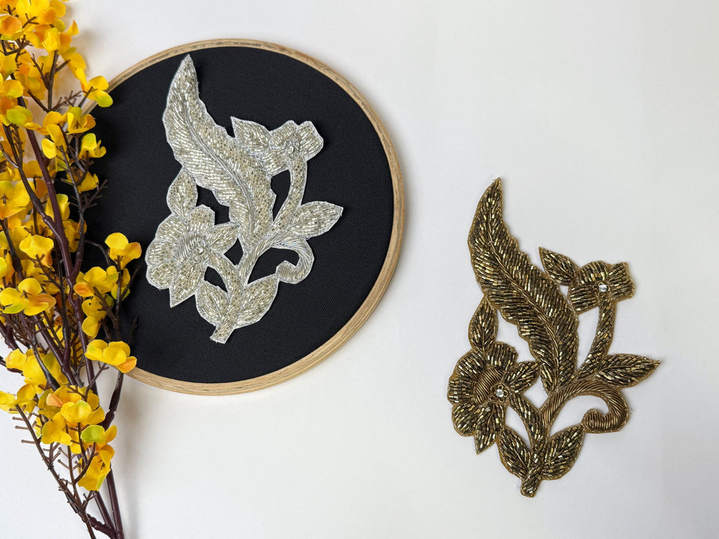 Beaded Floral Applique Patch: Gold & Silver Embroidered Indian Design