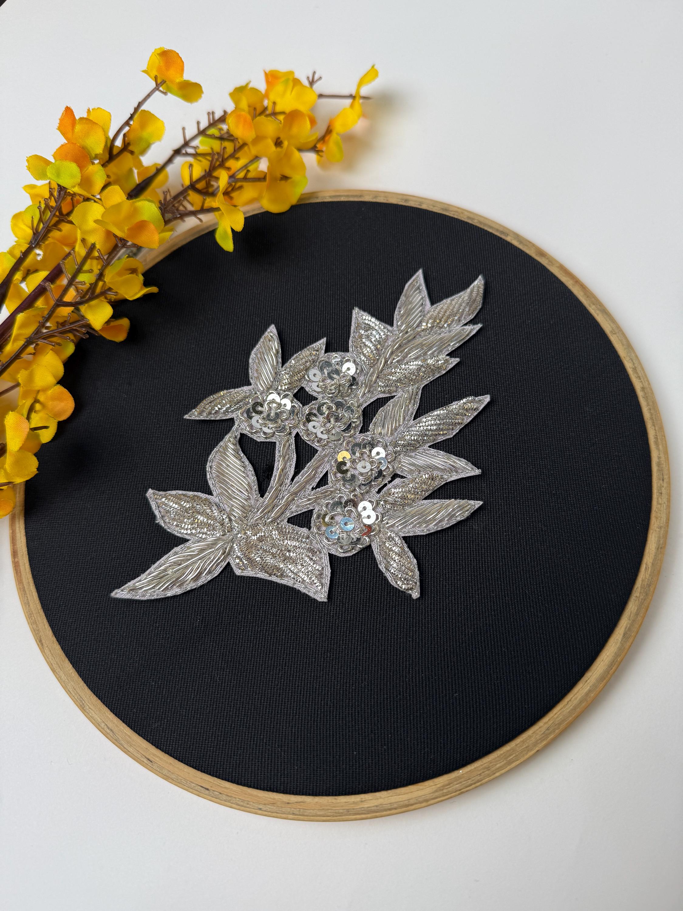 Silver Zardozi Applique Patches: Indian Embroidered Sequin Floral Embellishments (Set of 3)