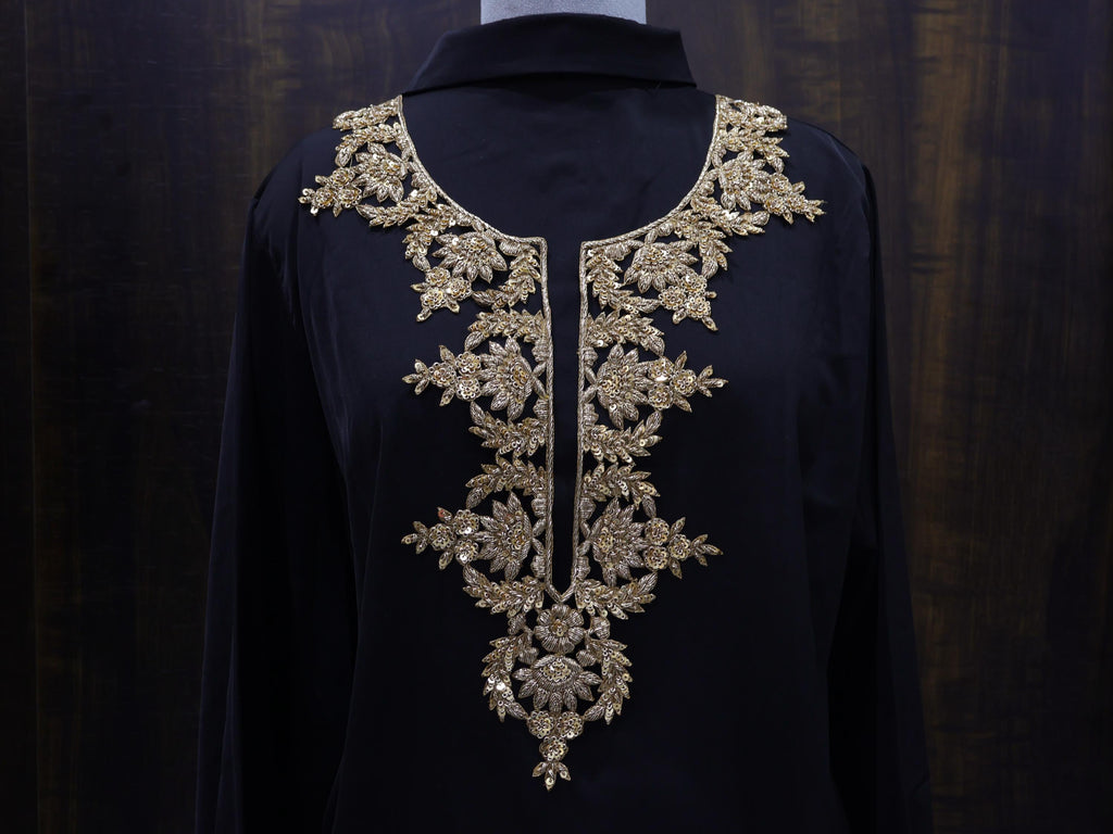 Zardozi Neckline Patch: Bronze Gold Bullion Embroidery, Floral Neckline with Sleeves