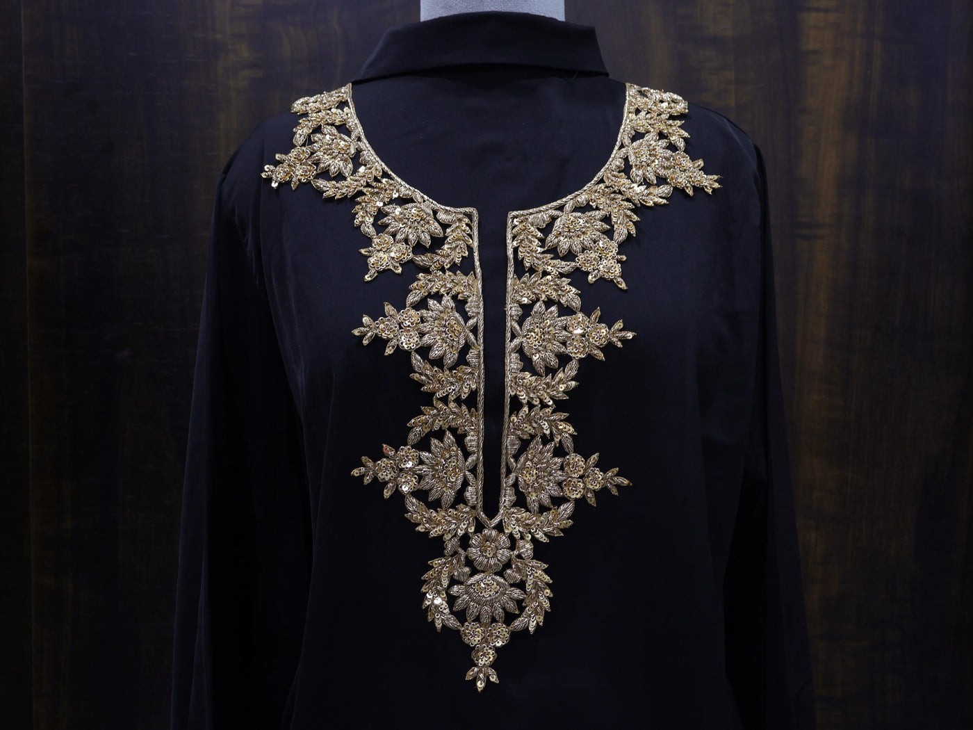 Zardozi Neckline Patch: Bronze Gold Bullion Embroidery, Floral Neckline with Sleeves
