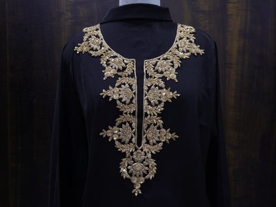 Zardozi Neckline Patch: Bronze Gold Bullion Embroidery, Floral Neckline with Sleeves