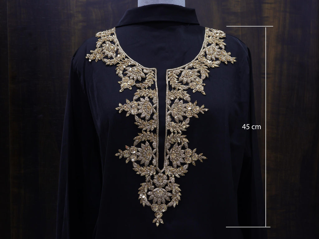Zardozi Neckline Patch: Bronze Gold Bullion Embroidery, Floral Neckline with Sleeves