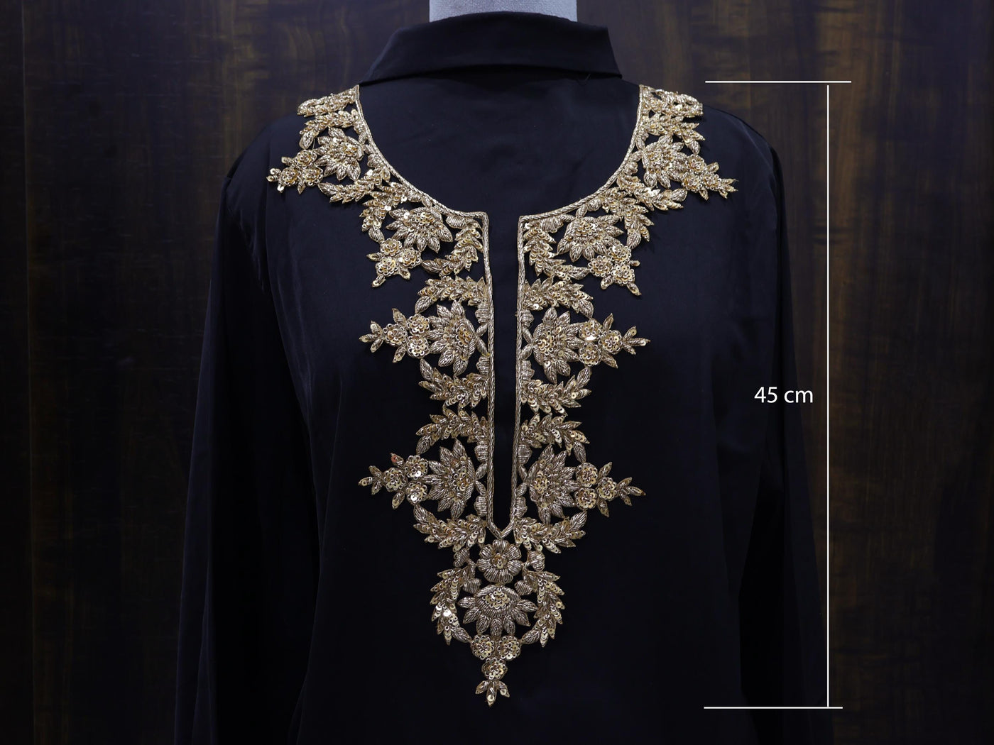 Zardozi Neckline Patch: Bronze Gold Bullion Embroidery, Floral Neckline with Sleeves