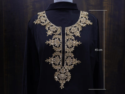 Zardozi Neckline Patch: Bronze Gold Bullion Embroidery, Floral Neckline with Sleeves